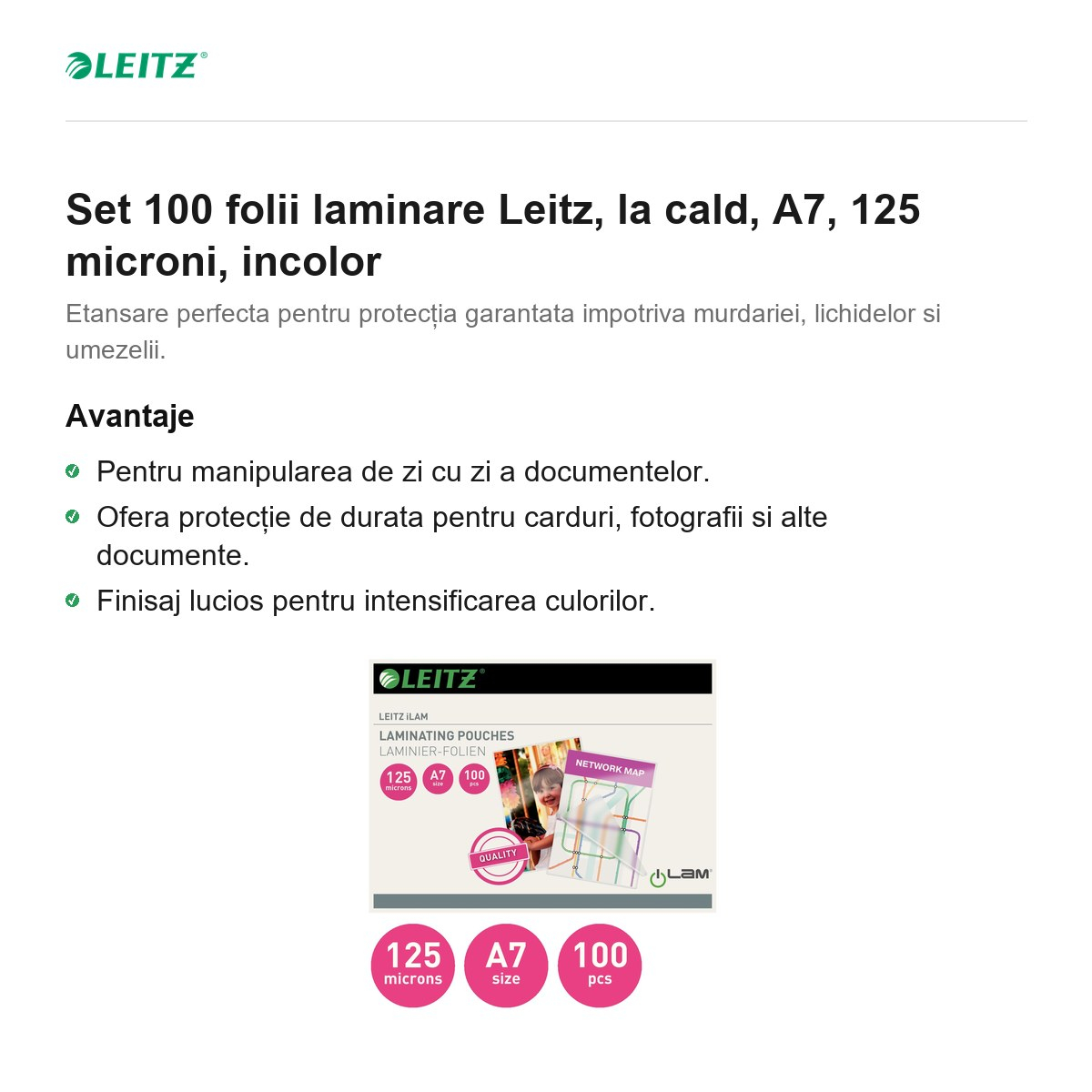 Set 100 folii laminare Leitz, la cald, A7, 125 microni, incolor [2]