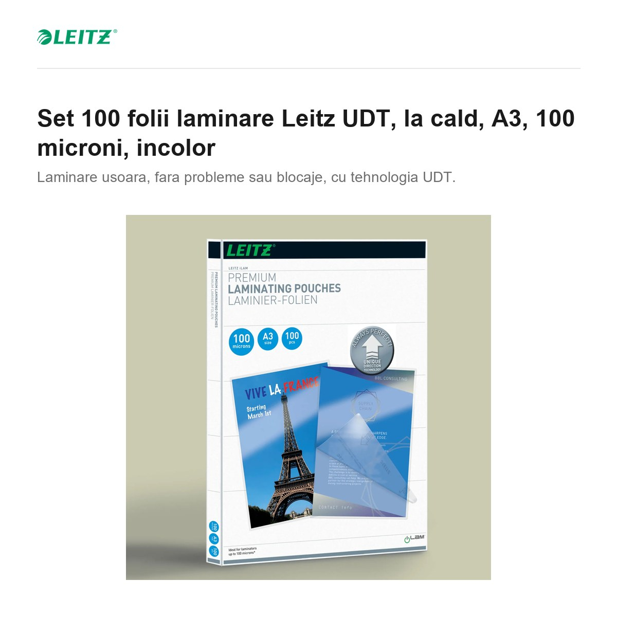 Set 100 folii laminare Leitz UDT, la cald, A3, 100 microni, incolor [2]