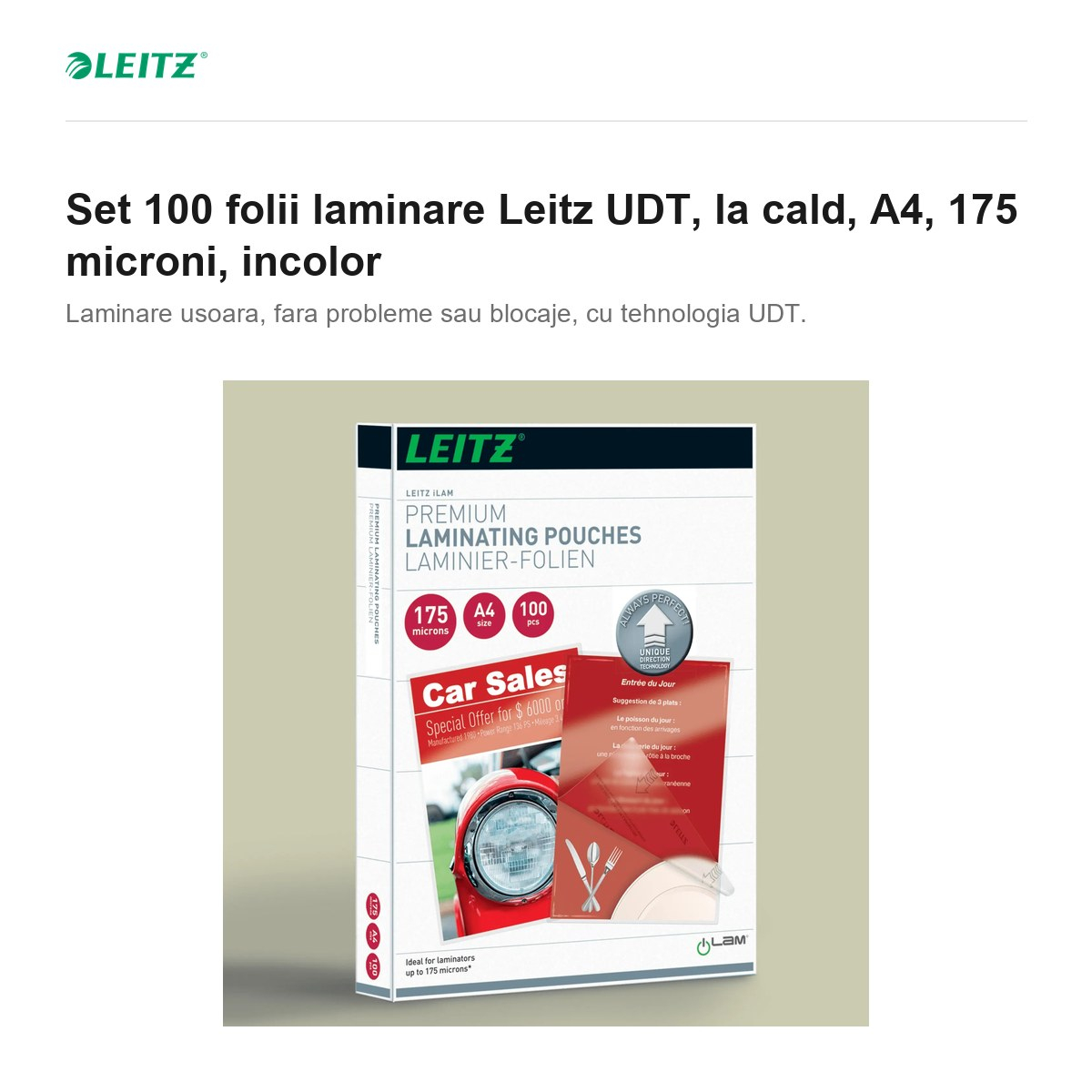 Set 100 folii laminare Leitz UDT, la cald, A4, 175 microni, incolor [2]
