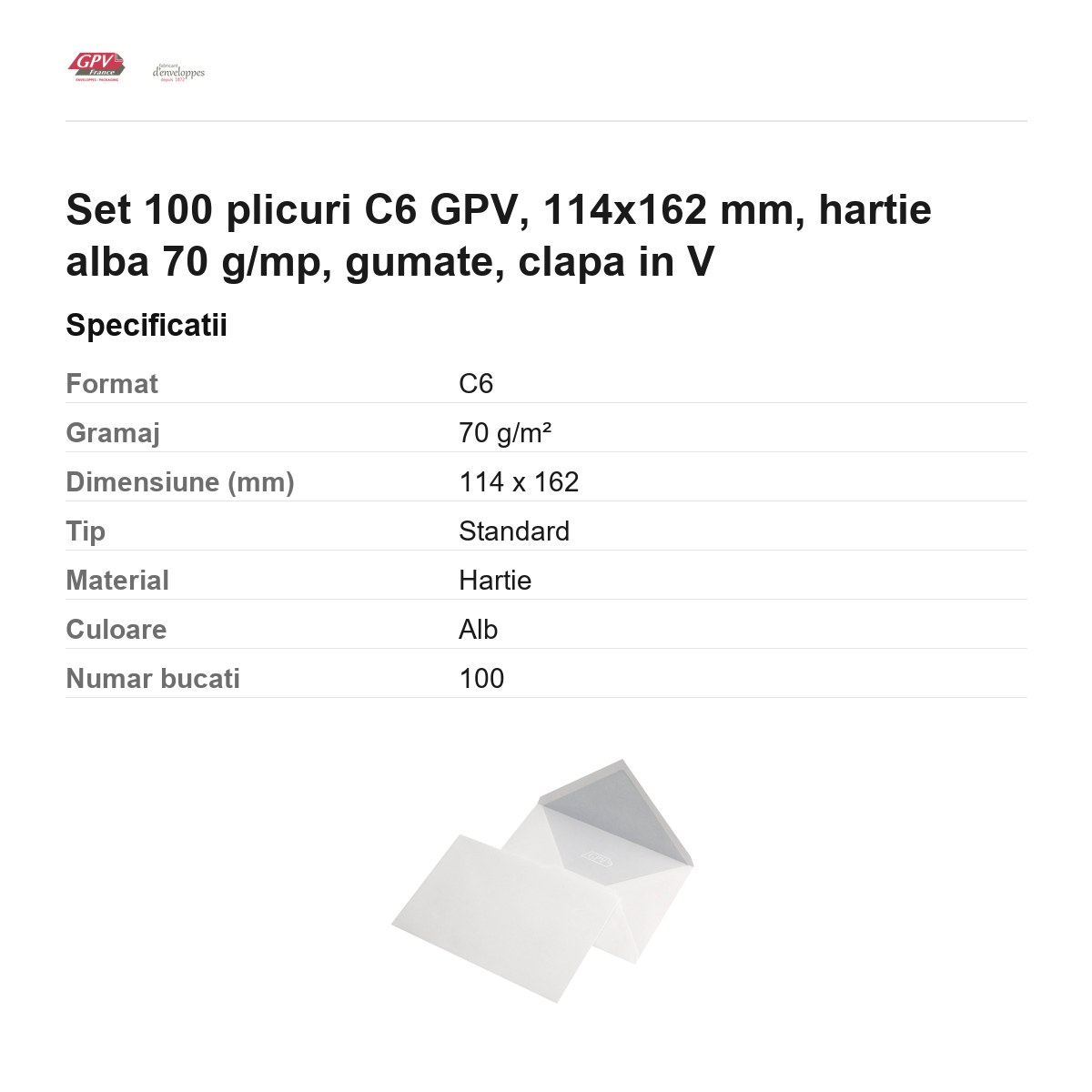 Set 100 plicuri C6 GPV, 114x162 mm, hartie alba 70 g/mp, gumate, clapa in V [3]