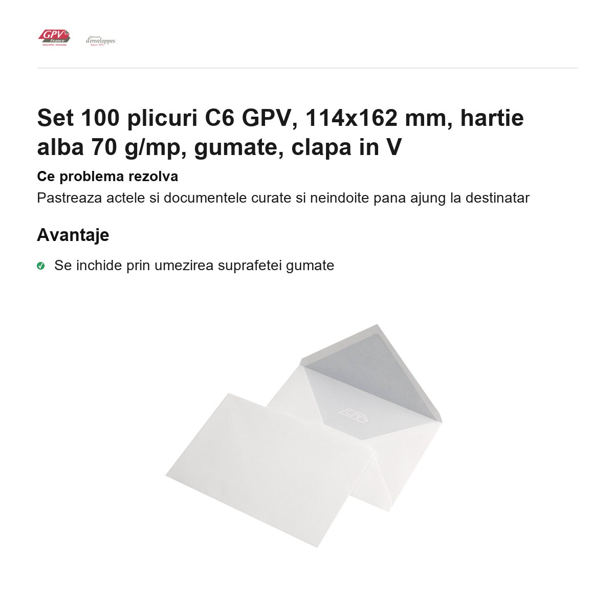 Set 100 plicuri C6 GPV, 114x162 mm, hartie alba 70 g/mp, gumate, clapa in V [2]