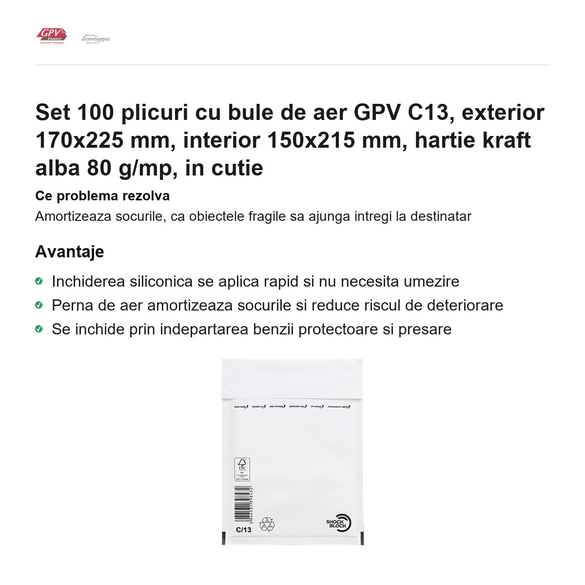 Set 100 plicuri cu bule de aer GPV C13, exterior 170x225 mm, interior 150x215 mm, hartie kraft alba 80 g/mp, in cutie [2]