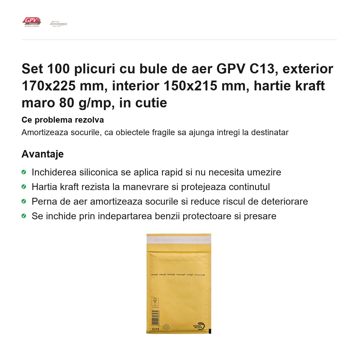 Set 100 plicuri cu bule de aer GPV C13, exterior 170x225 mm, interior 150x215 mm, hartie kraft maro 80 g/mp, in cutie [2]