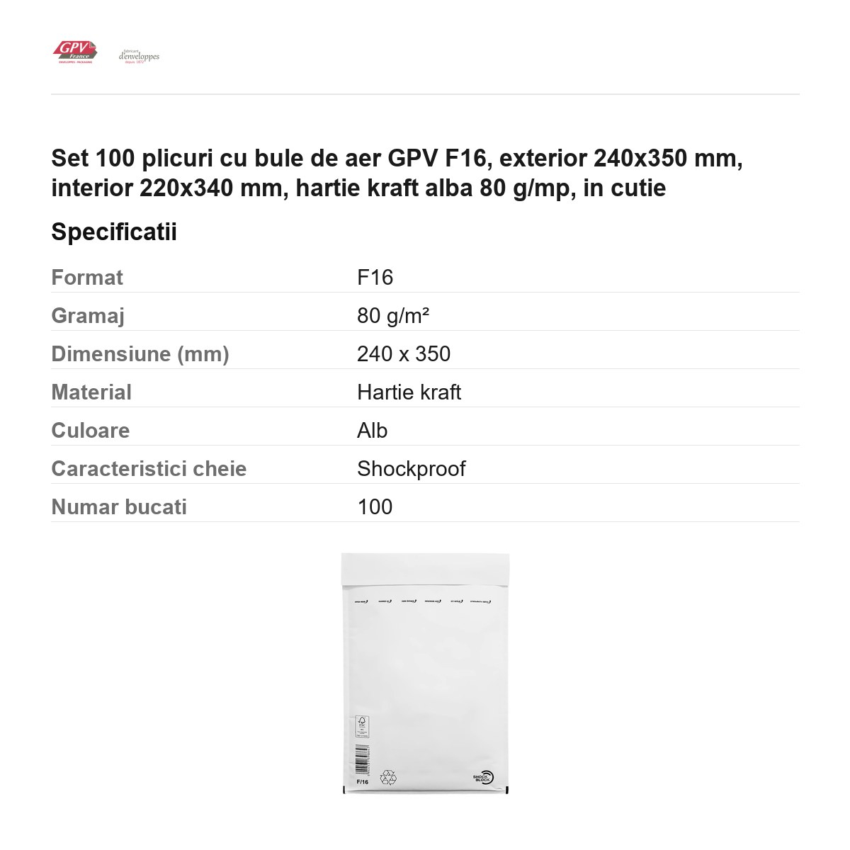 Set 100 plicuri cu bule de aer GPV F16, exterior 240x350 mm, interior 220x340 mm, hartie kraft alba 80 g/mp, in cutie [3]