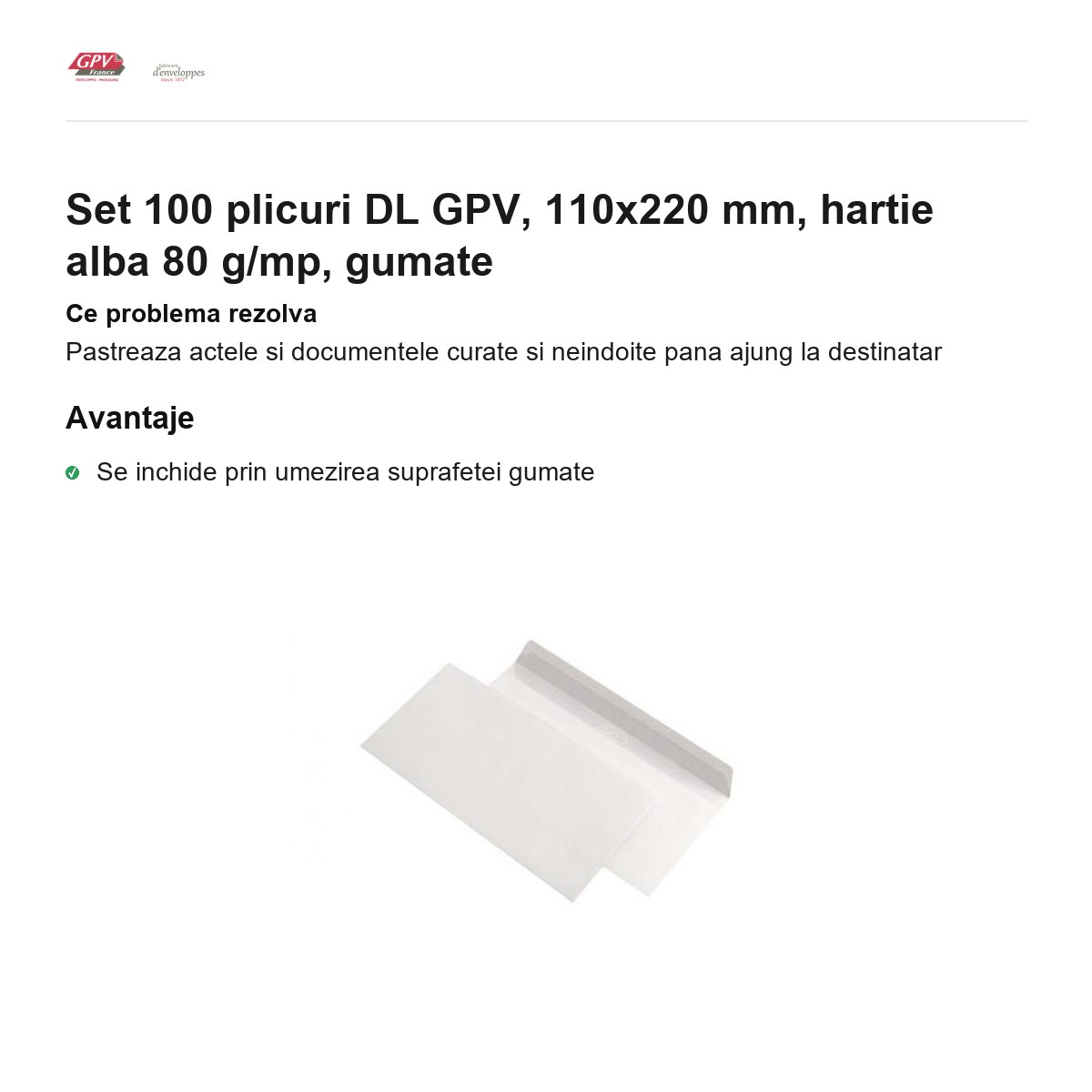 Set 100 plicuri DL GPV, 110x220 mm, hartie alba 80 g/mp, gumate [2]