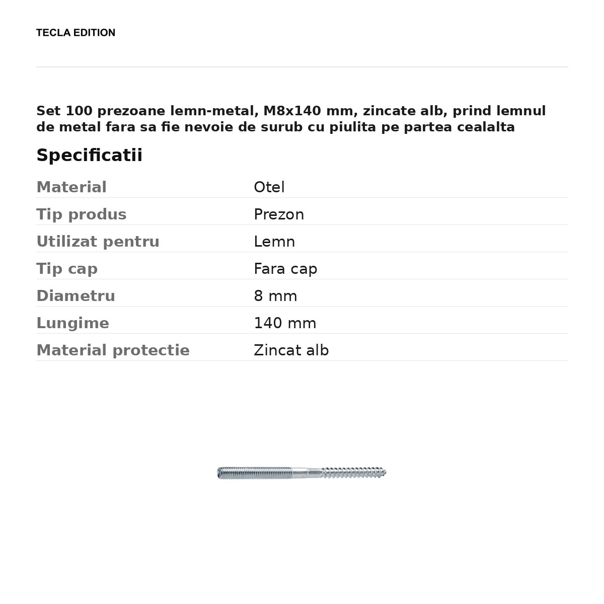 Set 100 prezoane lemn-metal, M8x140 mm, zincate alb, prind lemnul de metal fara sa fie nevoie de surub cu piulita pe partea cealalta [3]