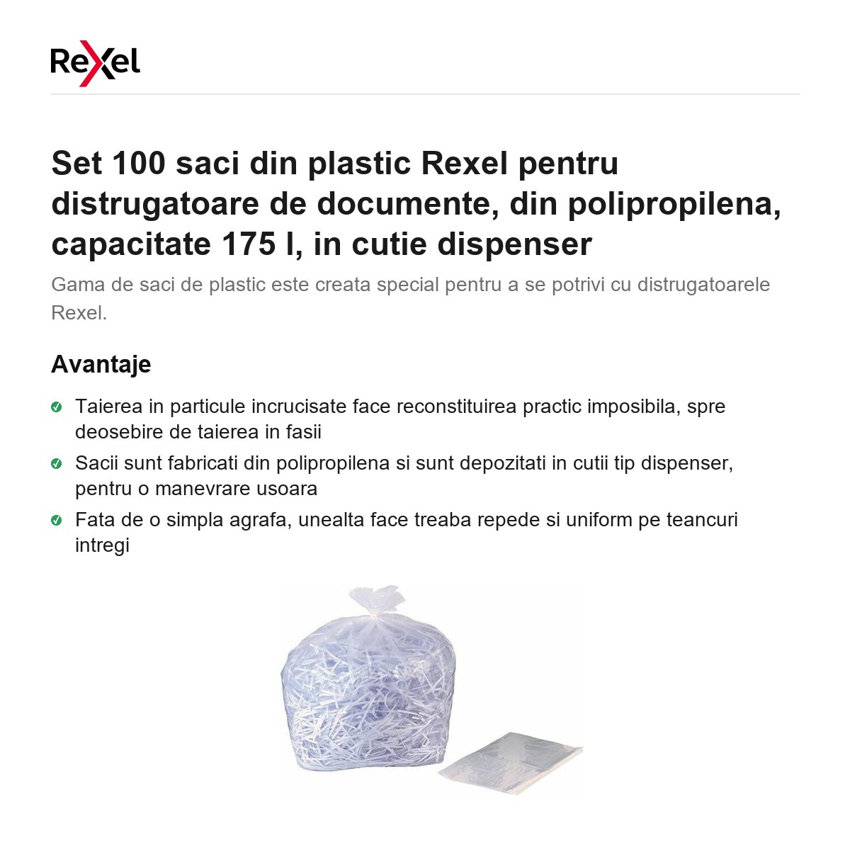 Set 100 saci din plastic Rexel pentru distrugatoare de documente, din polipropilena, capacitate 175 l, in cutie dispenser [2]