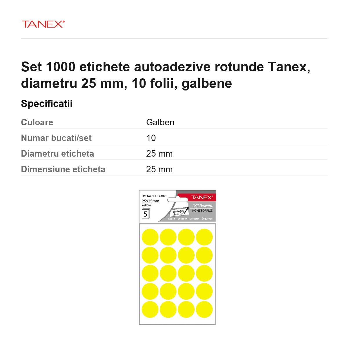 Set 1000 etichete autoadezive rotunde Tanex, diametru 25 mm, 10 seturi, galbene [3]