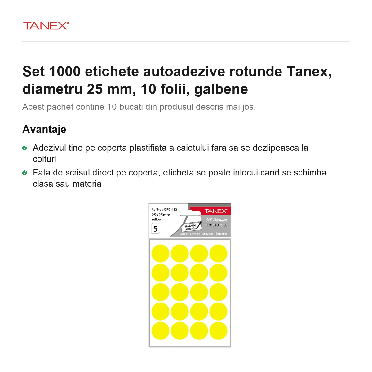 Set 1000 etichete autoadezive rotunde Tanex, diametru 25 mm, 10 seturi, galbene [2]