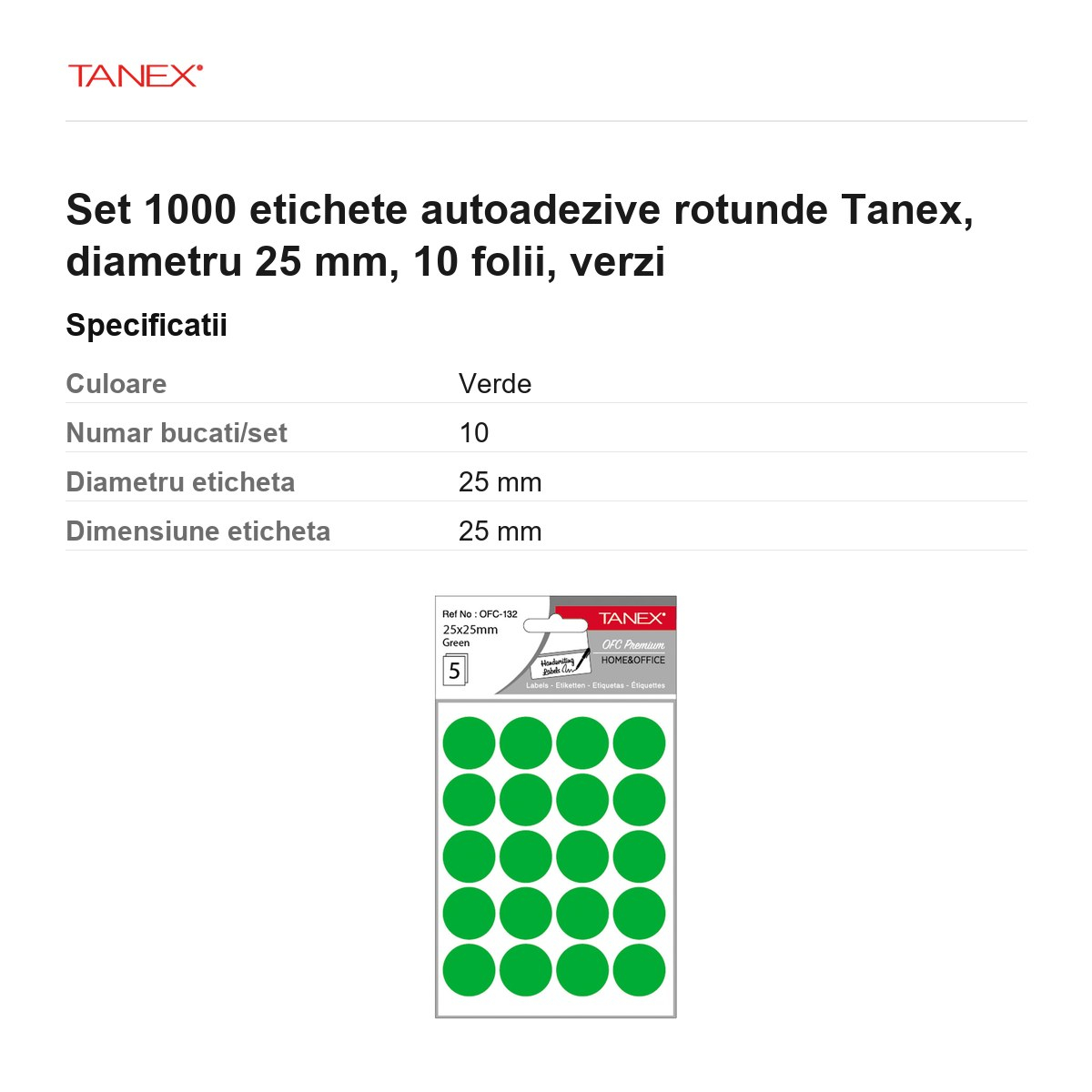Set 1000 etichete autoadezive rotunde Tanex, diametru 25 mm, 10 seturi, verzi [3]