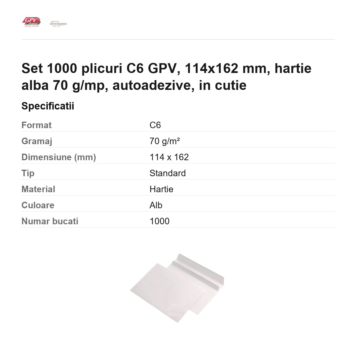 Set 1000 plicuri C6 GPV, 114x162 mm, hartie alba 70 g/mp, autoadezive, in cutie [3]