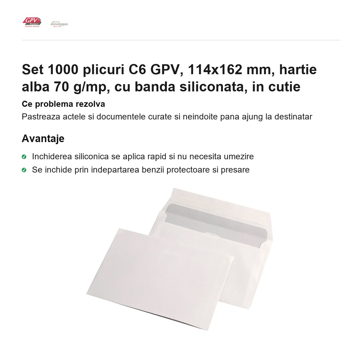 Set 1000 plicuri C6 GPV, 114x162 mm, hartie alba 70 g/mp, cu banda siliconata, in cutie [2]