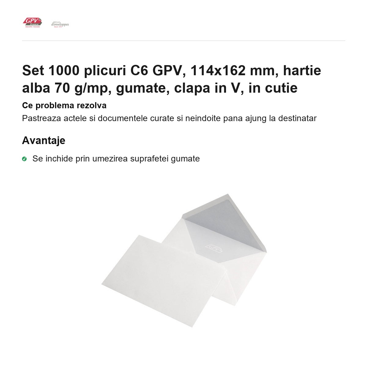 Set 1000 plicuri C6 GPV, 114x162 mm, hartie alba 70 g/mp, gumate, clapa in V, in cutie [2]