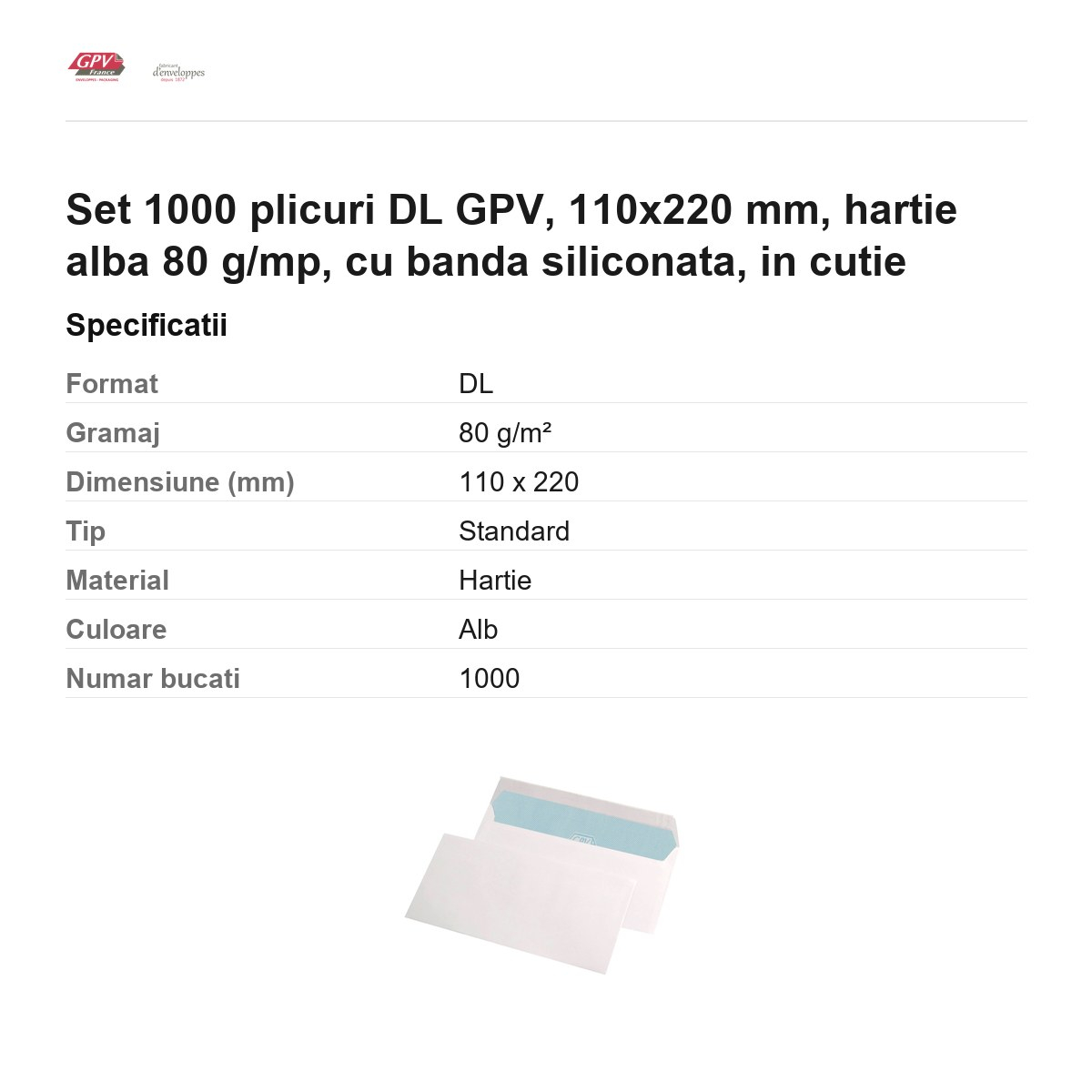 Set 1000 plicuri DL GPV, 110x220 mm, hartie alba 80 g/mp, cu banda siliconata, in cutie [3]