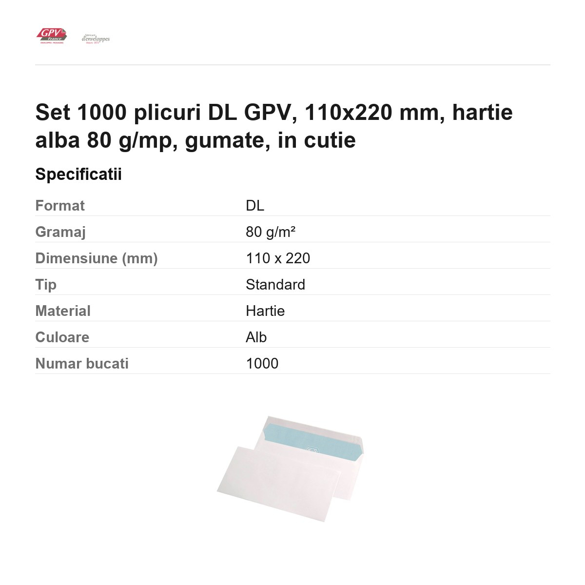 Set 1000 plicuri DL GPV, 110x220 mm, hartie alba 80 g/mp, gumate, in cutie [3]