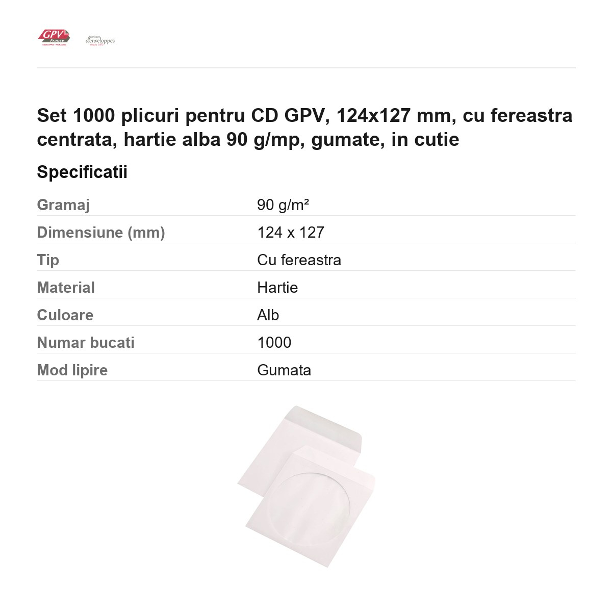 Set 1000 plicuri pentru CD GPV, 124x127 mm, cu fereastra centrata, hartie alba 90 g/mp, gumate, in cutie [3]