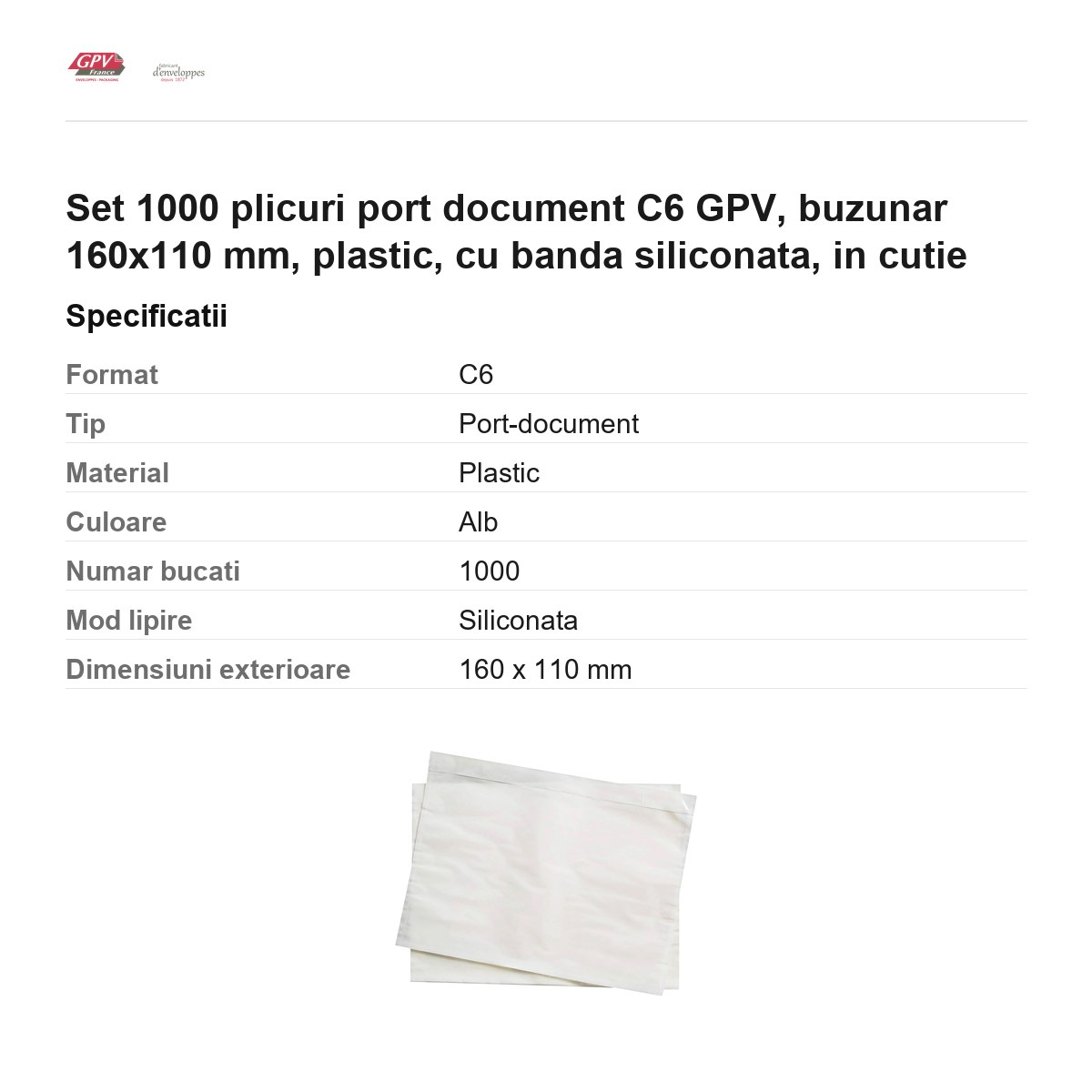Set 1000 plicuri port document C6 GPV, buzunar 160x110 mm, plastic, cu banda siliconata, in cutie [3]