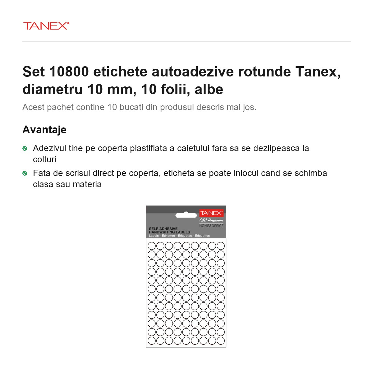 Set 10800 etichete autoadezive rotunde Tanex, diametru 10 mm, 10 seturi, albe [2]