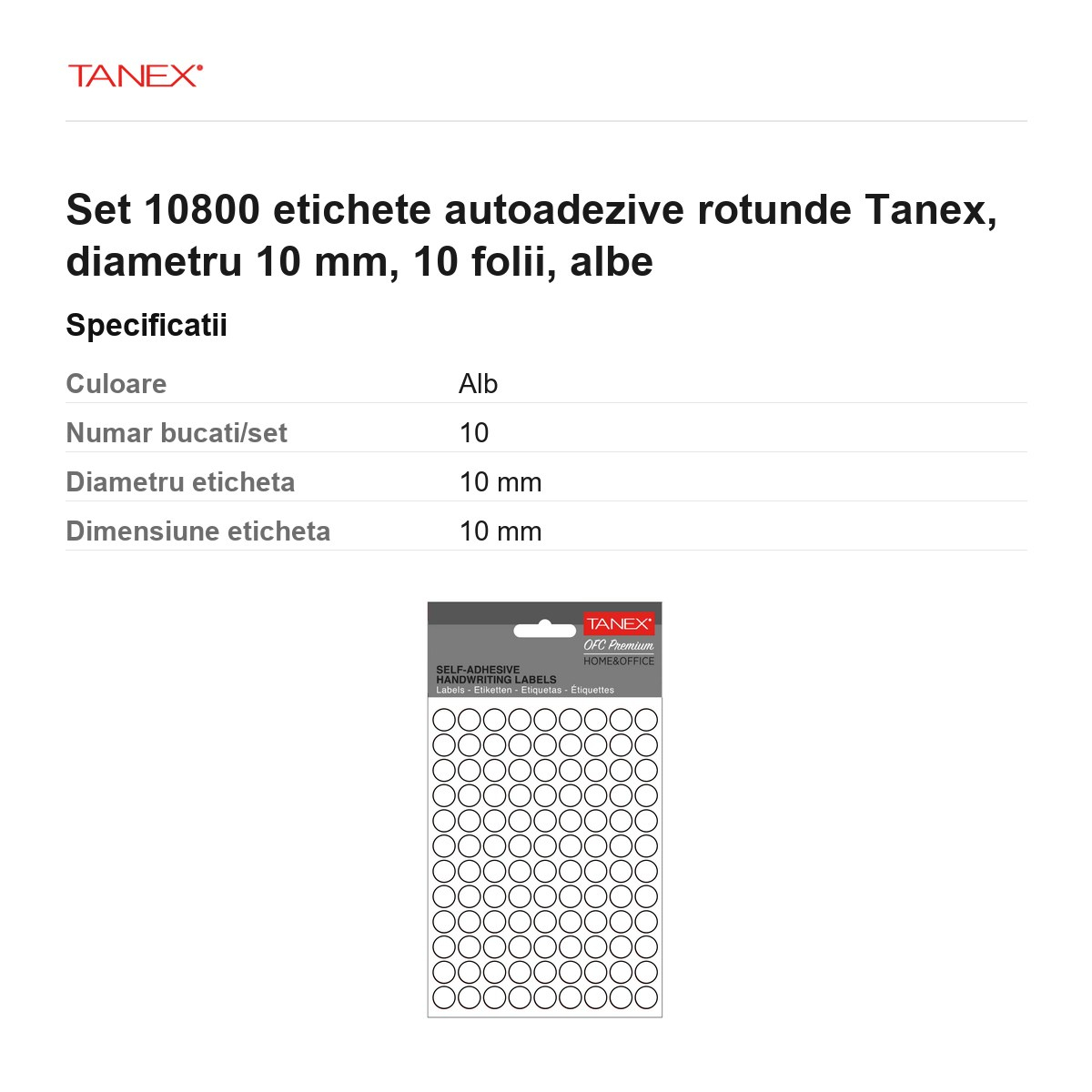 Set 10800 etichete autoadezive rotunde Tanex, diametru 10 mm, 10 seturi, albe [3]