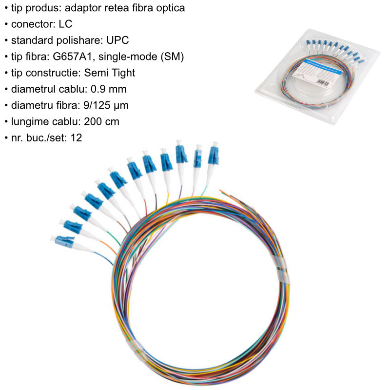 Set 12 adaptoare retea fibra optica coada/Pigtail cu conector LC/UPC, Lanberg 43347, 2m lungime, Semi Tight SM G657A1, multicolor [4]
