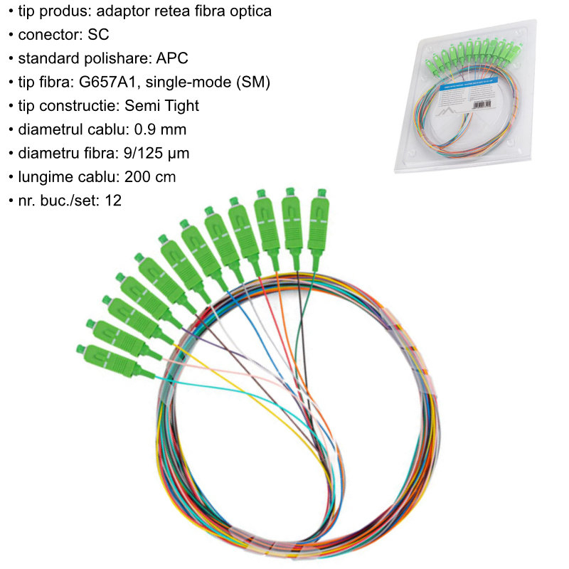 Set 12 adaptoare retea fibra optica coada/Pigtail cu conector SC/APC, Lanberg 43344, 2m lungime, Semi Tight SM G657A1, multicolor [4]