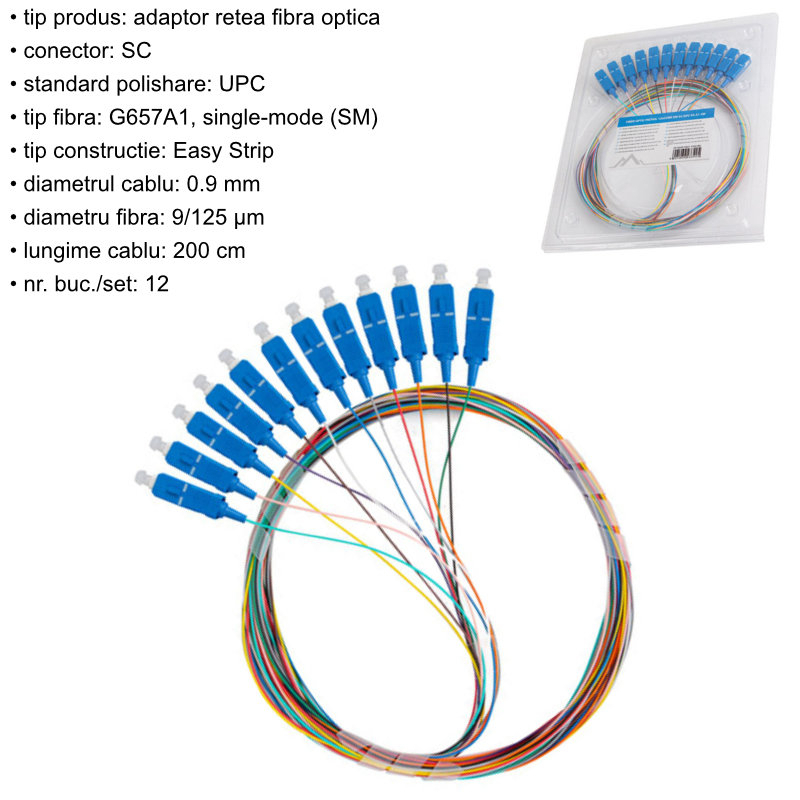 Set 12 adaptoare retea fibra optica coada/Pigtail cu conector SC/UPC, Lanberg 43345, 2m lungime, Easy Strip SM G657A1, multicolor [4]