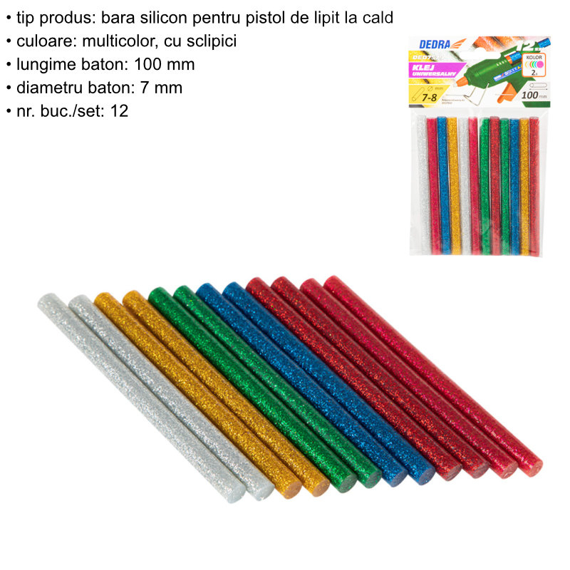 Set 12 bare din silicon multicolor cu sclipici, 7 mm diametru x 100 mm lungime, Dedra 75790, batoane rezerva pentru pistol lipit [1]