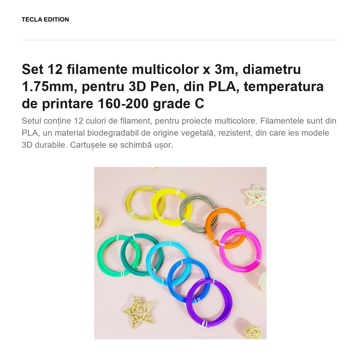 Set 12 filamente multicolor x 3m, diametru 1.75mm, pentru 3D Pen, din PLA, temperatura de printare 160-200 grade C [2]
