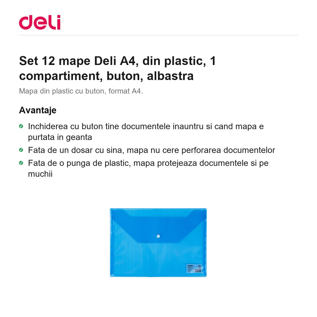 Set 12 mape Deli A4, din plastic, 1 compartiment, buton, albastra [2]