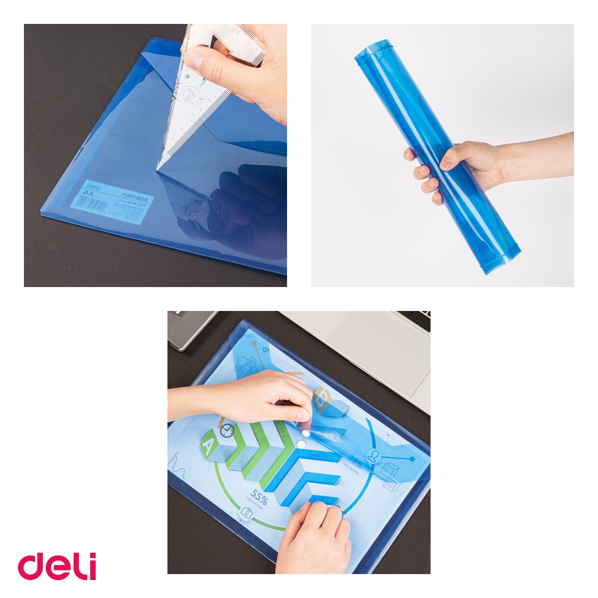 Set 12 mape Deli A4, din plastic, 1 compartiment, buton, albastra [4]