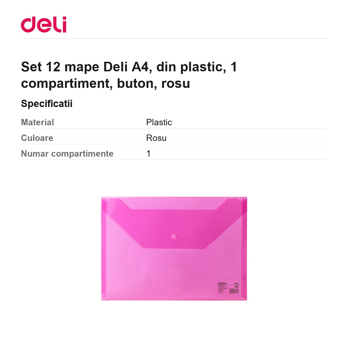 Set 12 mape Deli A4, din plastic, 1 compartiment, buton, rosu [3]