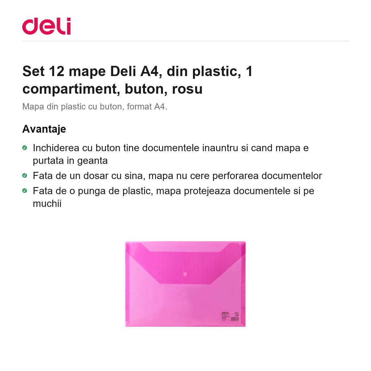 Set 12 mape Deli A4, din plastic, 1 compartiment, buton, rosu [2]