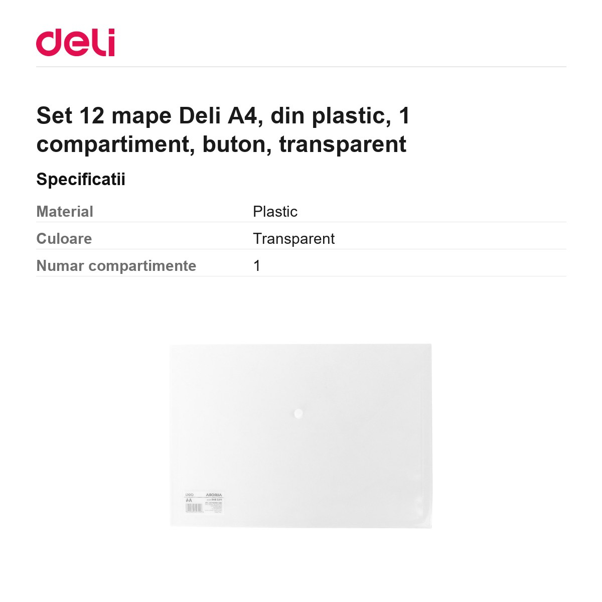 Set 12 mape Deli A4, din plastic, 1 compartiment, buton, transparent [3]