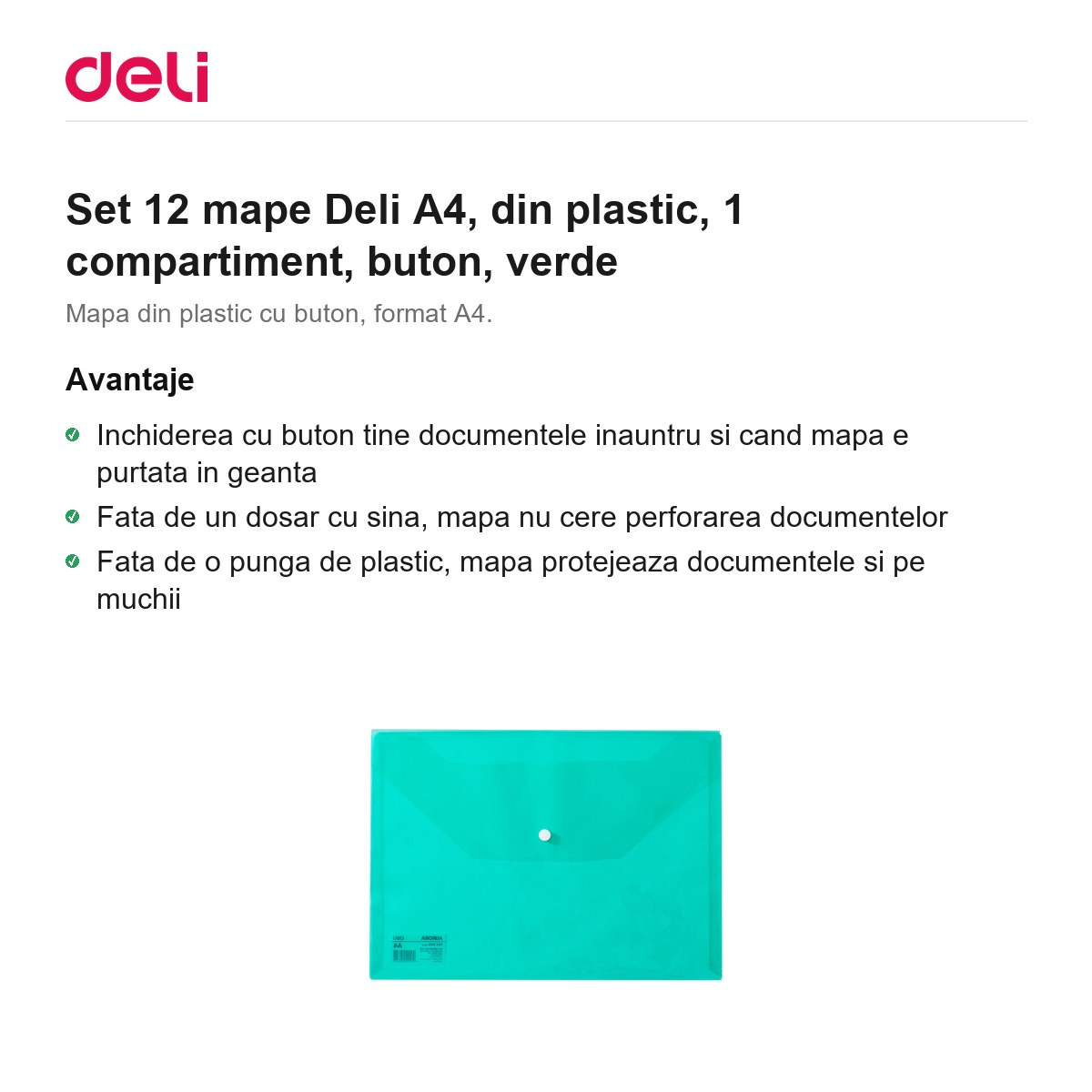 Set 12 mape Deli A4, din plastic, 1 compartiment, buton, verde [2]