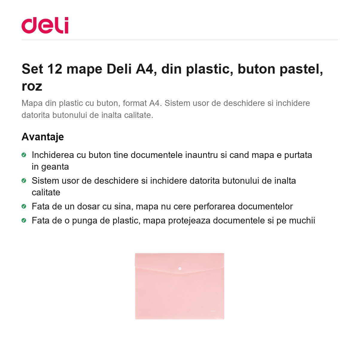 Set 12 mape Deli A4, din plastic, buton pastel, roz [2]