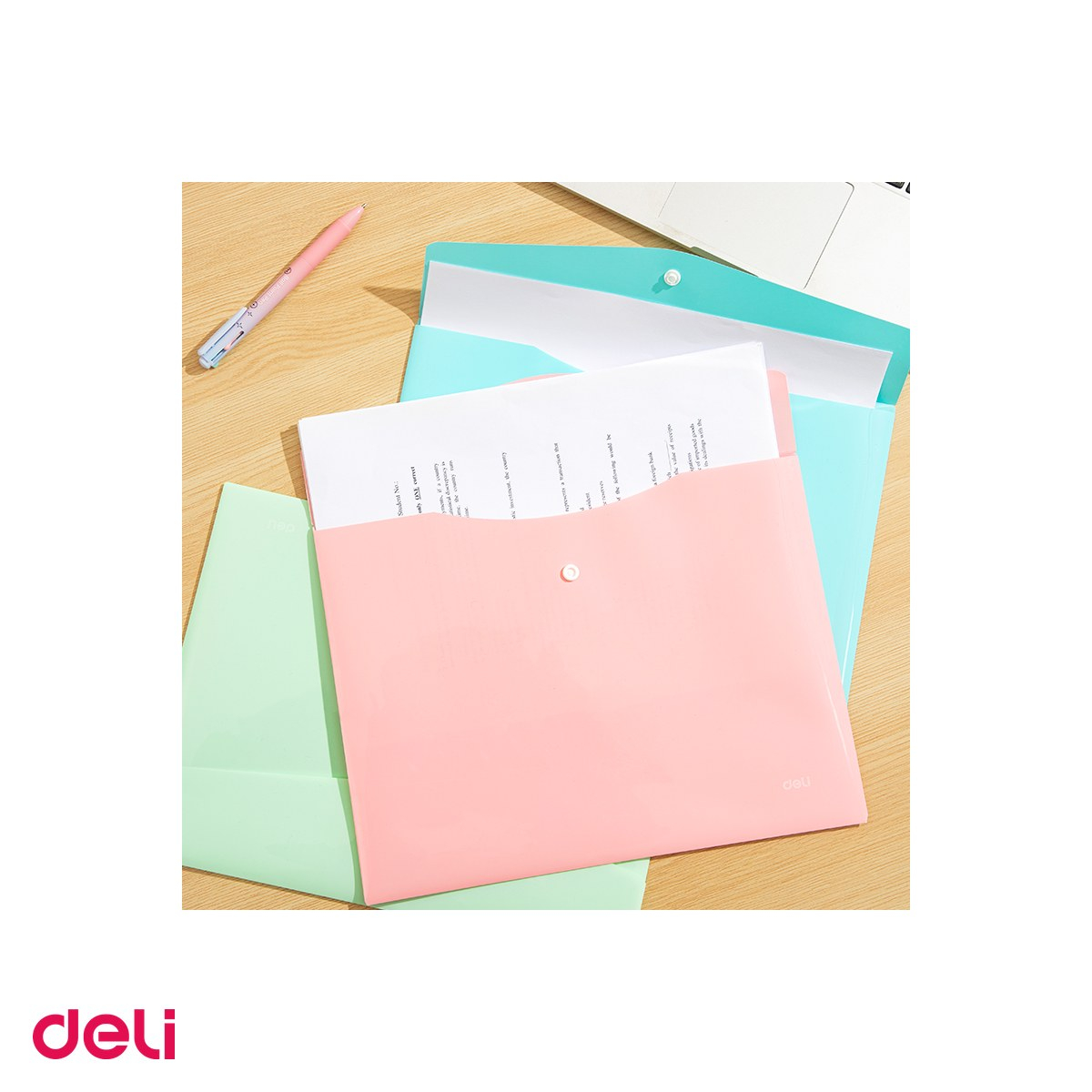 Set 12 mape Deli A4, din plastic, buton pastel, roz [5]