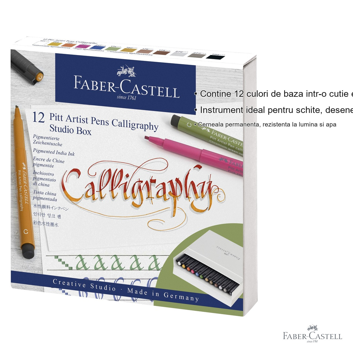 Set 12 markere caligrafice Faber-Castell Pitt Artist Pen, varf caligrafic, cutie studio pentru artisti [3]