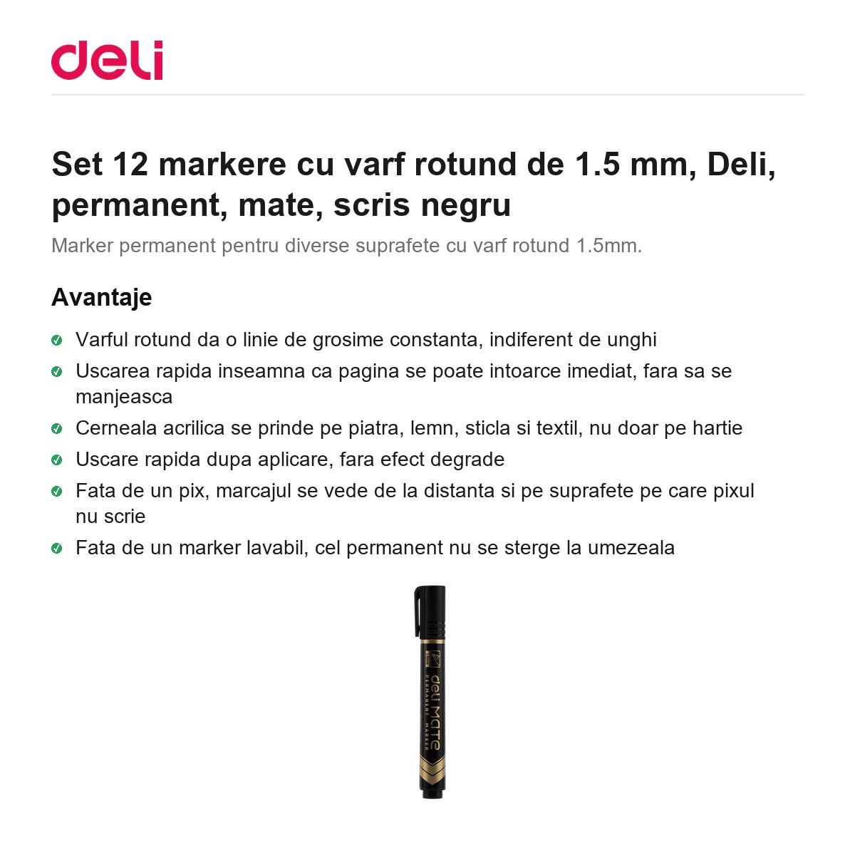Set 12 markere cu varf rotund de 1.5 mm, Deli, permanent, mate, scris negru [2]