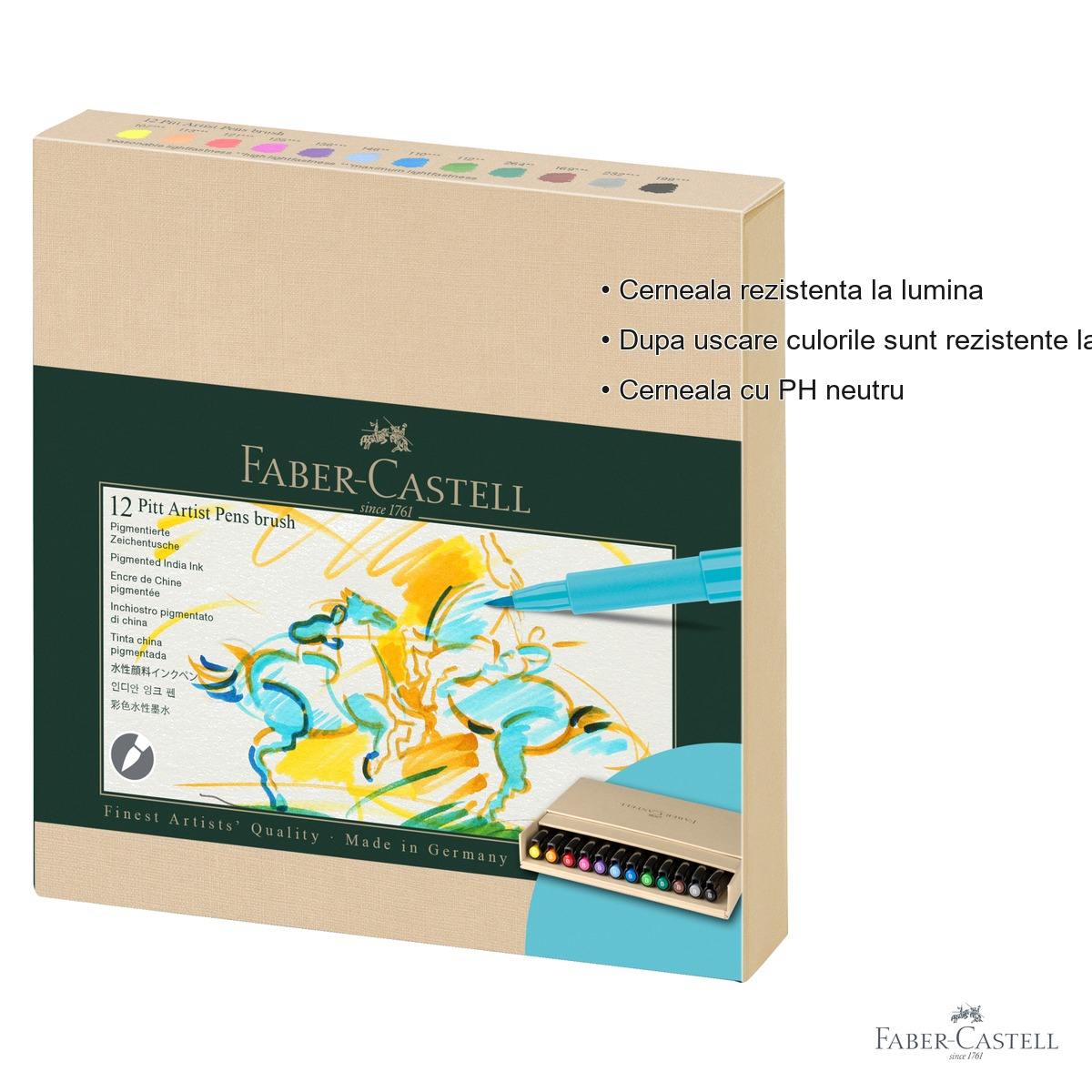Set 12 markere Faber-Castell Pitt Artist Pen Brush Studio, varf pensula, cerneala rezistenta la apa, pentru artisti si designeri [3]