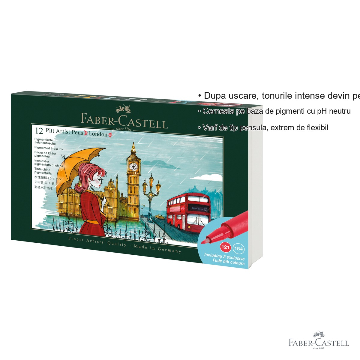 Set 12 markere Faber-Castell Pitt Artist Pen Cities London, varf pensula flexibil, cerneala rezistenta la apa [3]