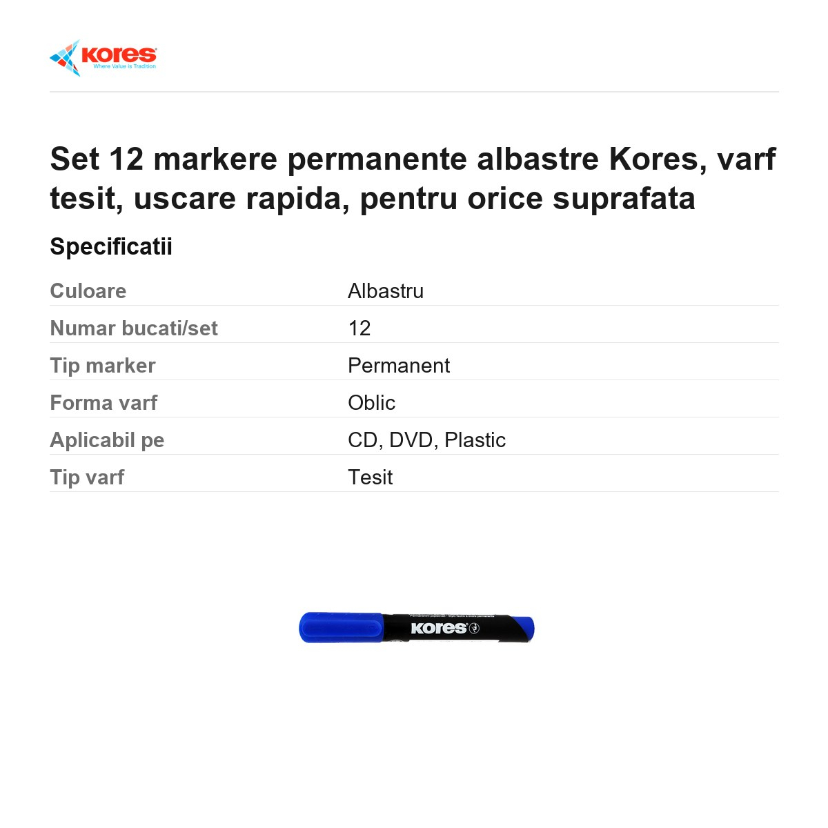 Set 12 markere permanente albastre Kores, varf tesit, uscare rapida, pentru orice suprafata [3]