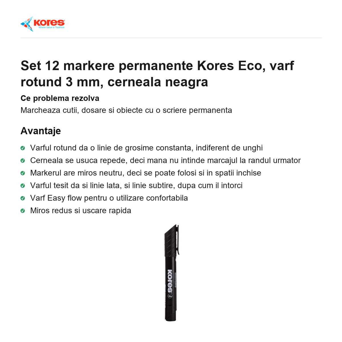Set 12 markere permanente Kores Eco, varf rotund 3 mm, cerneala neagra [2]