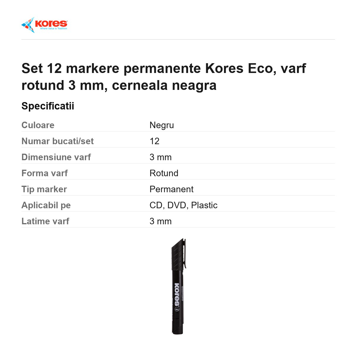 Set 12 markere permanente Kores Eco, varf rotund 3 mm, cerneala neagra [3]