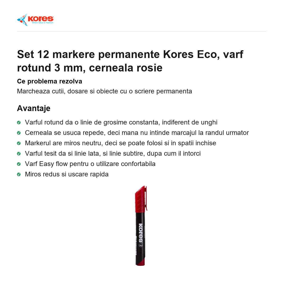 Set 12 markere permanente Kores Eco, varf rotund 3 mm, cerneala rosie [2]
