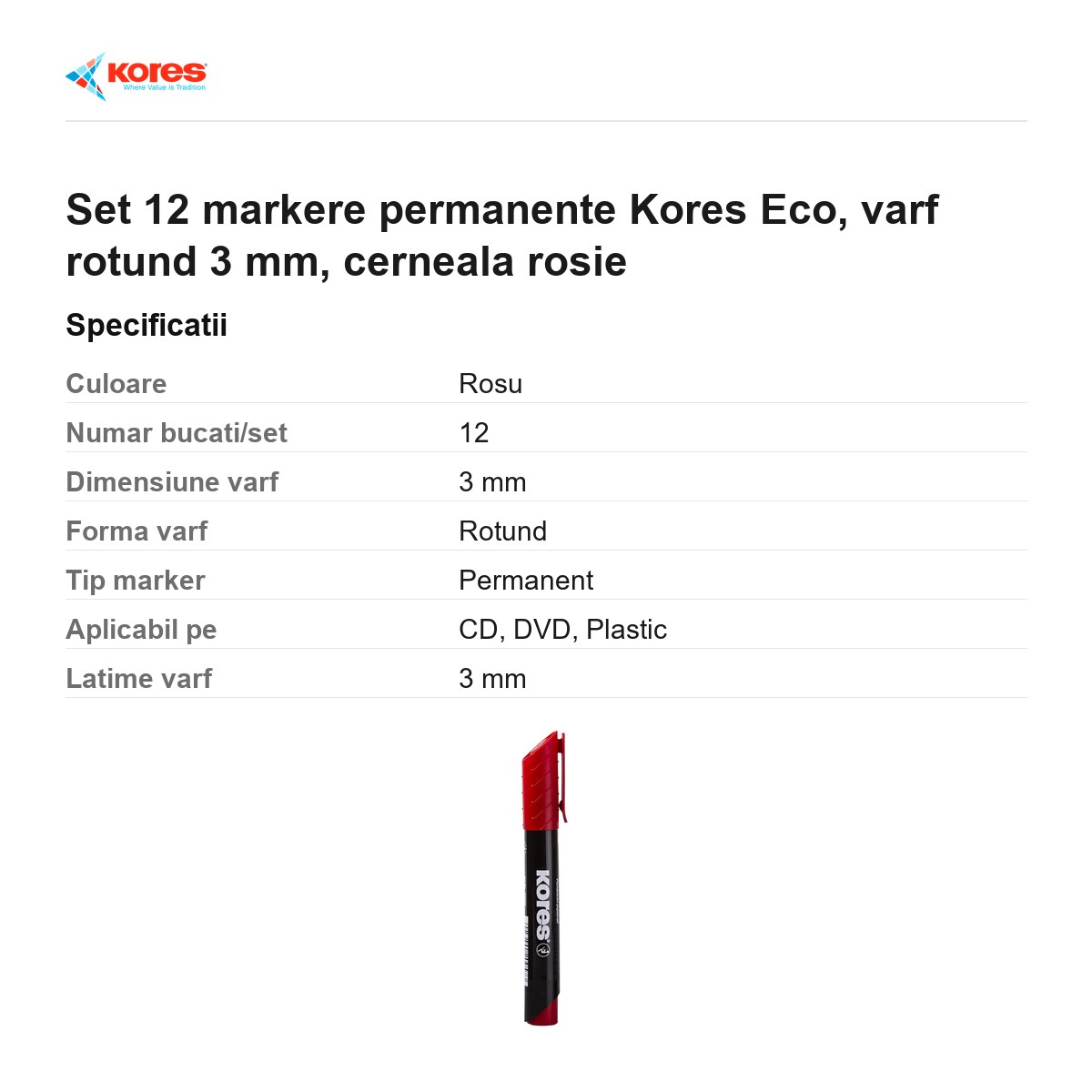 Set 12 markere permanente Kores Eco, varf rotund 3 mm, cerneala rosie [3]