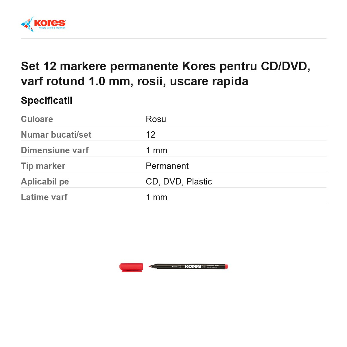 Set 12 markere permanente Kores pentru CD/DVD, varf rotund 1.0 mm, rosii, uscare rapida [3]