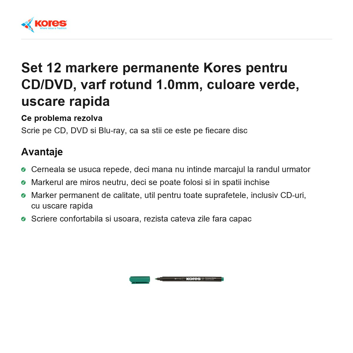 Set 12 markere permanente Kores pentru CD/DVD, varf rotund 1.0mm, culoare verde, uscare rapida [2]