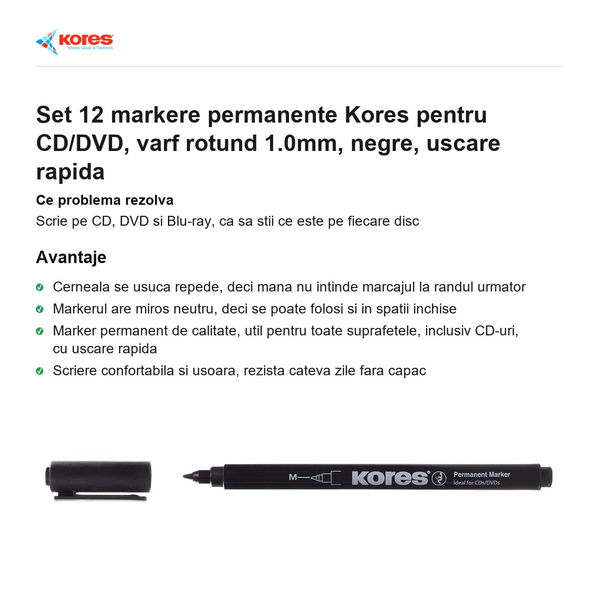 Set 12 markere permanente Kores pentru CD/DVD, varf rotund 1.0mm, negre, uscare rapida [2]