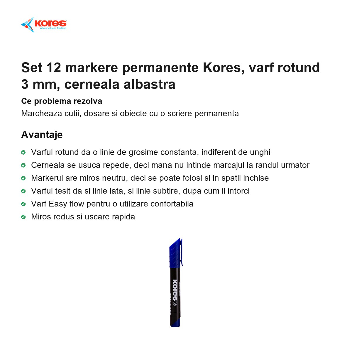 Set 12 markere permanente Kores, varf rotund 3 mm, cerneala albastra [2]