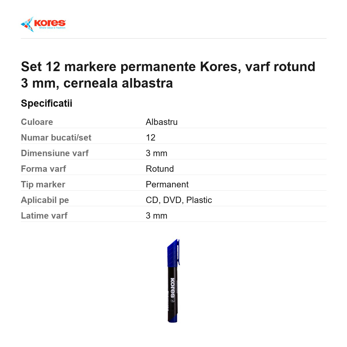 Set 12 markere permanente Kores, varf rotund 3 mm, cerneala albastra [3]